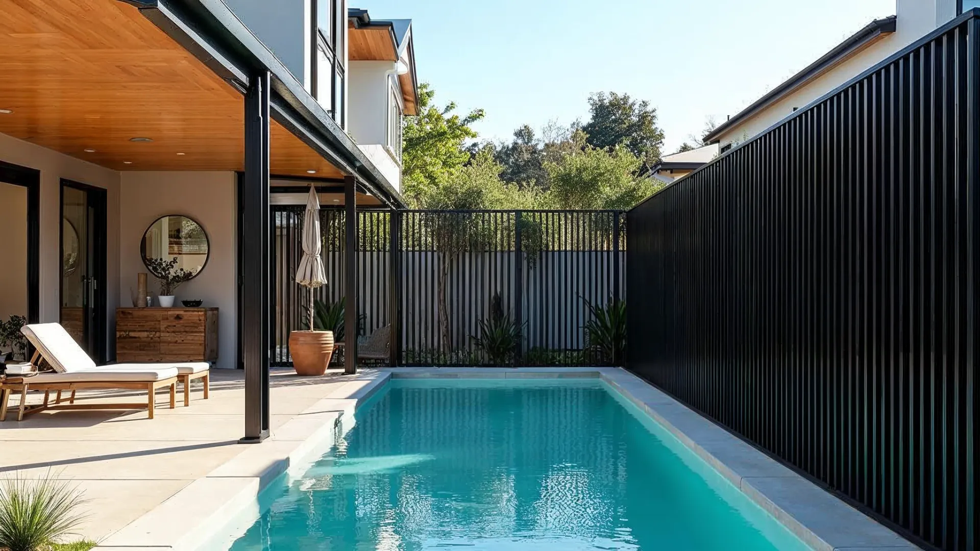 Modern home with secure black metal pool barrier surrounding backyard swimming pool in Victoria